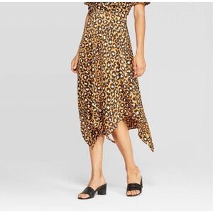 Who What Wear Mustard Leopard Print Handkerchief Hem Midi Skirt Women’s 10/12
